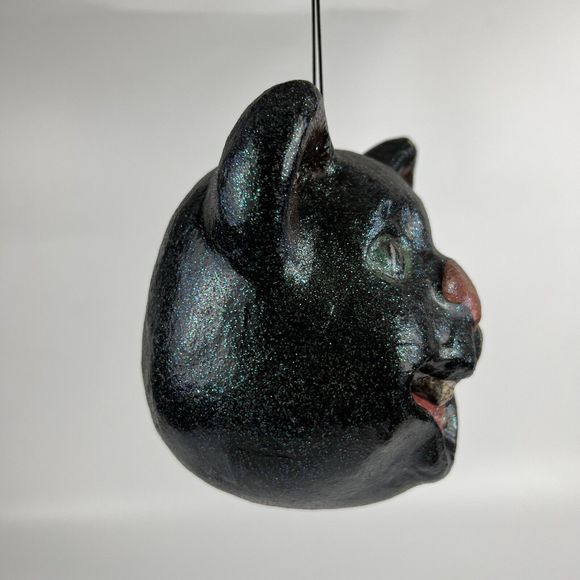 Vtg Folk Art Paper Mache Creepy Hissing Cat‎ Head Ornament Macabre Decor - Picture 5 of 14